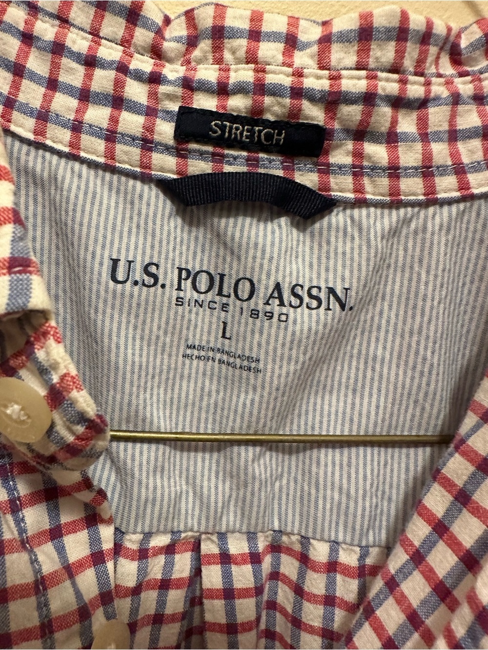 U.S. Polo Assn. Men’s Stretch L Short Sleeve Shirt Red White Blue Gingham Plaid - Picture 5 of 7
